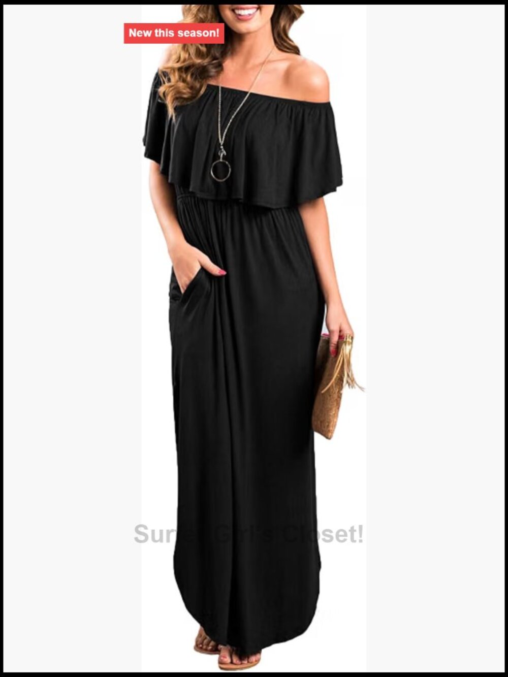Off Shoulder Ruffle Maxi Dress with Pockets Side Split Beach Casual